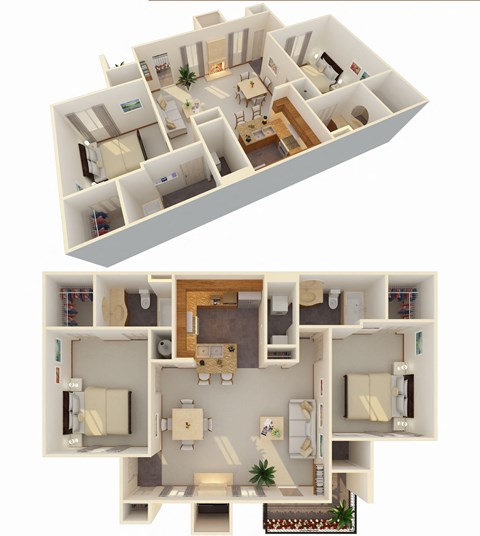 Floor plan for 2 beds, 2 baths, 1050 sqft